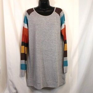 Gray sweater with stripped sleeve detail in fall colors in size XL